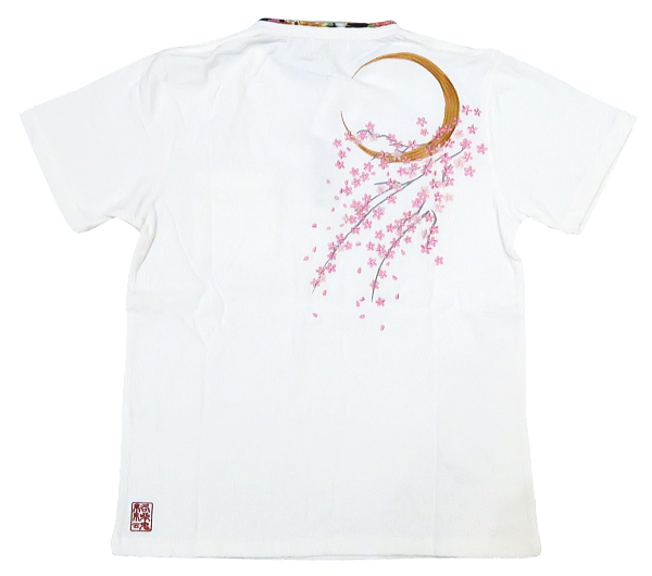 月桜刺繍（白）　和柄ヘンリーネック半袖Ｔシャツ